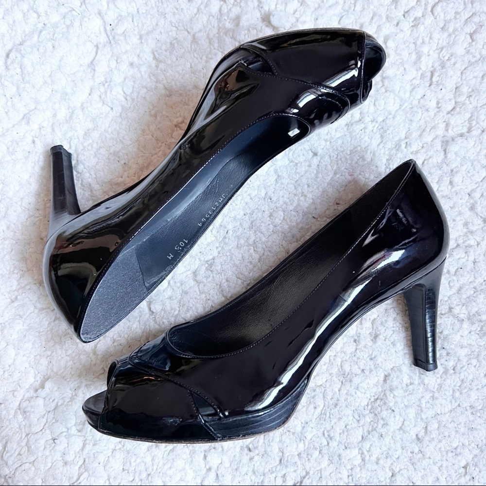 STUART WEITZMAN: Classic Patent Leather Black Platform Peep Toe 3.5 inch Heels